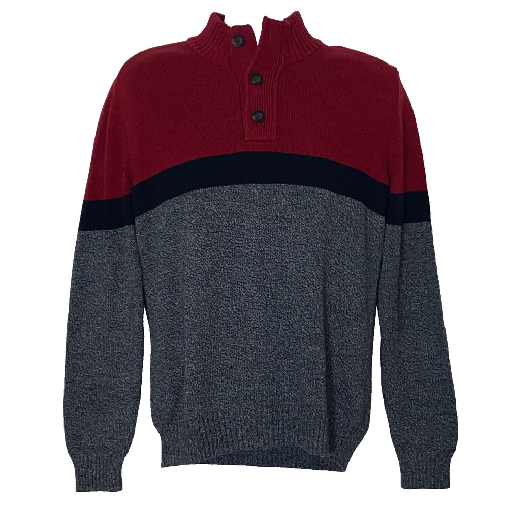 American Eagle Sweater Mens M Red Black Gray Knit Top Wool Blend 1/4 Button Up
